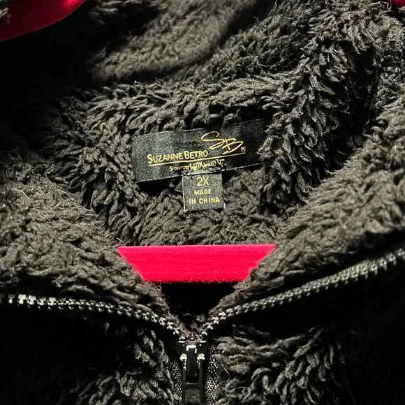 4/ $20 Suzanne Betro Black Sherpa 1/4 Zip Pullover with Leopard Trim - Picture 4 of 6